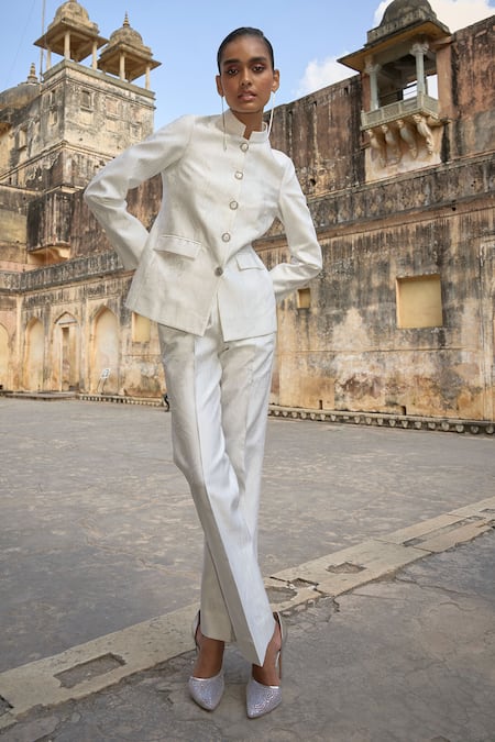 Buy Dash And Dot Ivory Polyester Embroidery Bandeau Neck Jacquard Floral Pattern Jacket With Pant Online at Aza Fashions Buy_Dash And Dot_Ivory Polyester Embroidery Bandeau Neck Jacquard Floral Pattern Jacket With Pant _Online_at_Aza_Fashions