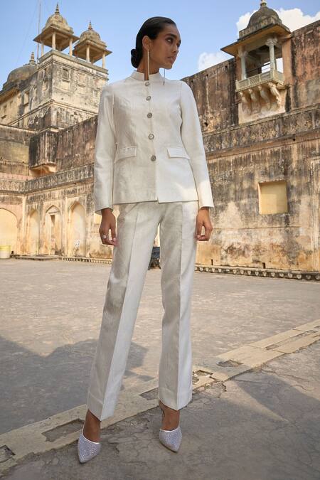 Shop Dash And Dot Ivory Polyester Embroidery Bandeau Neck Jacquard Floral Pattern Jacket With Pant Online at Aza Fashions Shop_Dash And Dot_Ivory Polyester Embroidery Bandeau Neck Jacquard Floral Pattern Jacket With Pant _Online_at_Aza_Fashions