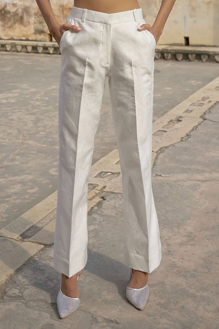 Dash And Dot Ivory Polyester Embroidery Bandeau Neck Jacquard Floral Pattern Jacket With Pant at Aza Fashions Dash And Dot_Ivory Polyester Embroidery Bandeau Neck Jacquard Floral Pattern Jacket With Pant _at_Aza_Fashions