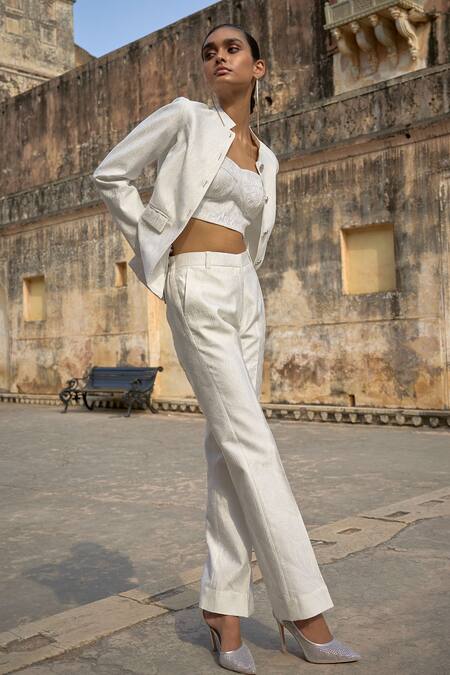 Buy Dash And Dot Ivory Polyester Embroidery Bandeau Neck Jacquard Floral Pattern Jacket With Pant Buy_Dash And Dot_Ivory Polyester Embroidery Bandeau Neck Jacquard Floral Pattern Jacket With Pant