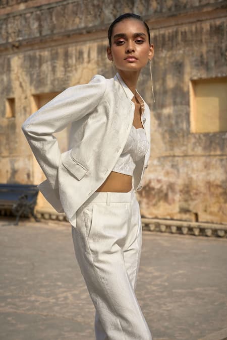 Shop Dash And Dot Ivory Polyester Embroidery Bandeau Neck Jacquard Floral Pattern Jacket With Pant Shop_Dash And Dot_Ivory Polyester Embroidery Bandeau Neck Jacquard Floral Pattern Jacket With Pant