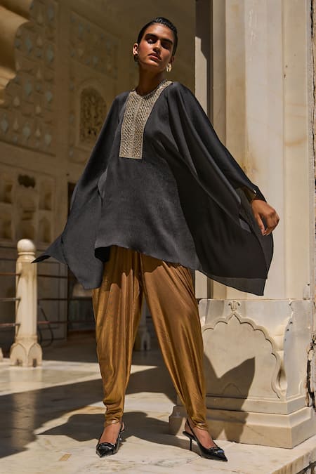 Dash And Dot Black Polyester Gota Patti Round Neck Embroidered Yoke Kaftan With Draped Pant at Aza Fashions Dash And Dot_Black Polyester Gota Patti Round Neck Embroidered Yoke Kaftan With Draped Pant _at_Aza_Fashions