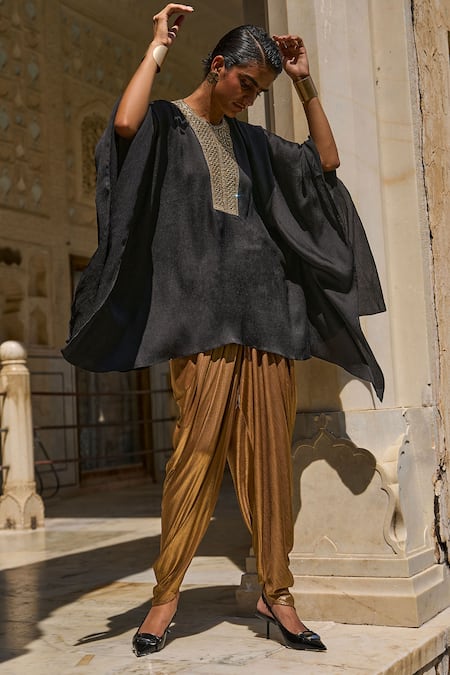 Buy Dash And Dot Black Polyester Gota Patti Round Neck Embroidered Yoke Kaftan With Draped Pant Buy_Dash And Dot_Black Polyester Gota Patti Round Neck Embroidered Yoke Kaftan With Draped Pant