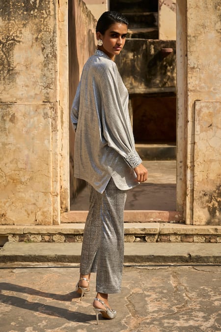 Shop_Dash And Dot_Silver Polyester Mirrors Collared Placement Work Shirt With Pant _at_Aza_Fashions