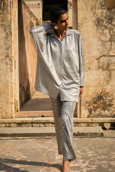 Dash And Dot_Silver Polyester Mirrors Collared Placement Work Shirt With Pant _Online_at_Aza_Fashions