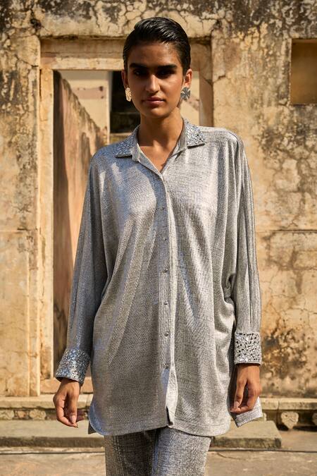 Buy_Dash And Dot_Silver Polyester Mirrors Collared Placement Work Shirt With Pant 