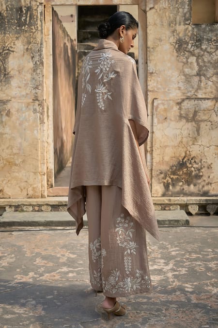Shop_Dash And Dot_Brown Nylon, Rayon Embroidery Floral Vine Applique Cape Top With Pant _at_Aza_Fashions