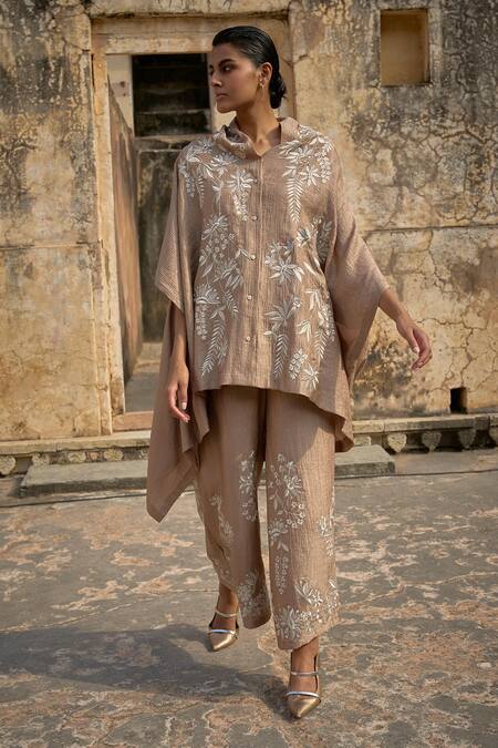 Shop_Dash And Dot_Brown Nylon, Rayon Embroidery Floral Vine Applique Cape Top With Pant _Online_at_Aza_Fashions