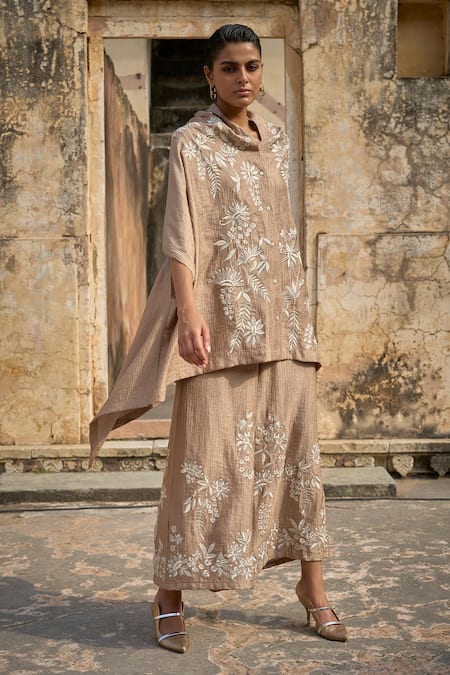 Dash And Dot_Brown Nylon, Rayon Embroidery Floral Vine Applique Cape Top With Pant _at_Aza_Fashions