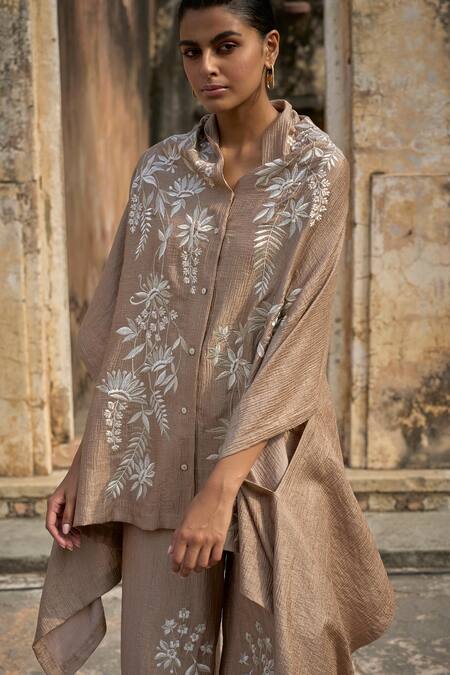 Shop_Dash And Dot_Brown Nylon, Rayon Embroidery Floral Vine Applique Cape Top With Pant 