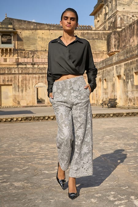 Dash and Dot Draped Shirt With Floral Embroidered Pant 