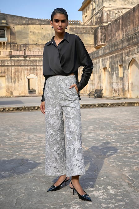 Dash And Dot_Black Polyester, Nylon Embroidery Collared Draped Shirt With Floral Pant _Online_at_Aza_Fashions