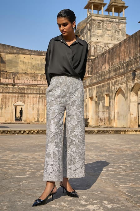 Buy_Dash And Dot_Black Polyester, Nylon Embroidery Collared Draped Shirt With Floral Pant _Online_at_Aza_Fashions