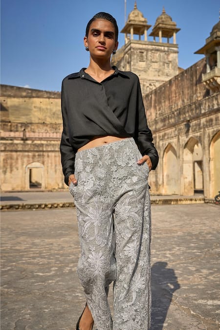 Shop_Dash And Dot_Black Polyester, Nylon Embroidery Collared Draped Shirt With Floral Pant 