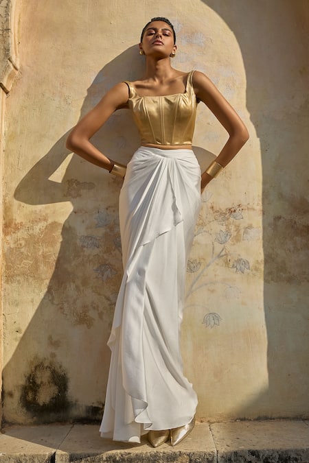 Shop_Dash And Dot_Gold Polyester Square Neck Structured Corset With Skirt _Online_at_Aza_Fashions