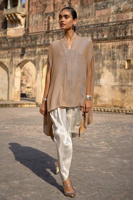 Dash And Dot_Gold Polyester V-neck Metallic Lace Top With Draped Pant _Online_at_Aza_Fashions