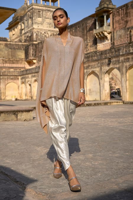 Shop_Dash And Dot_Gold Polyester V-neck Metallic Lace Top With Draped Pant _Online_at_Aza_Fashions