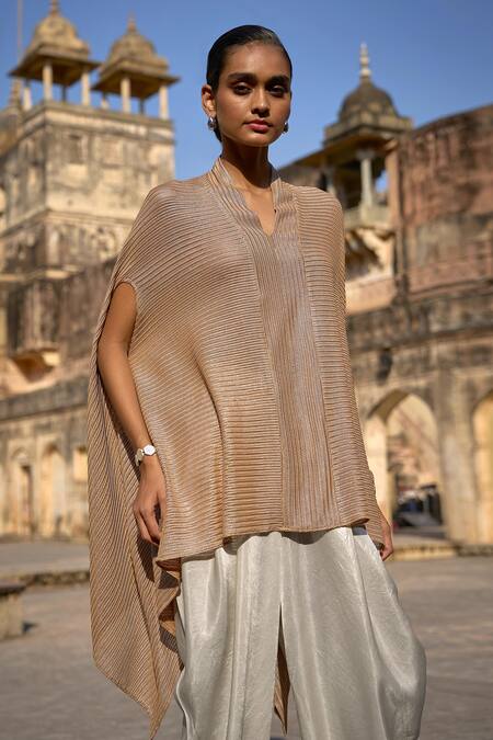 Dash And Dot_Gold Polyester V-neck Metallic Lace Top With Draped Pant _at_Aza_Fashions