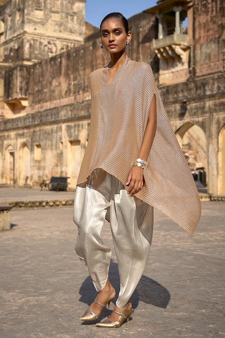 Buy_Dash And Dot_Gold Polyester V-neck Metallic Lace Top With Draped Pant 