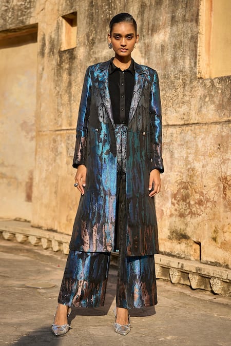 Shop Dash And Dot Multi Color Polyester Embroidery, Cut Work Ombre Pattern Long Jacket With Pant Online at Aza Fashions Shop_Dash And Dot_Multi Color Polyester Embroidery, Cut Work Ombre Pattern Long Jacket With Pant _Online_at_Aza_Fashions