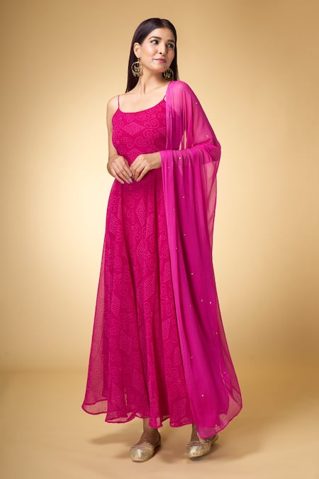 Buy Samyukta Singhania Magenta Georgette, Chiffon Round Neck Bandhani Print Anarkali With Dupatta Buy_Samyukta Singhania_Magenta Georgette, Chiffon Round Neck Bandhani Print Anarkali With Dupatta