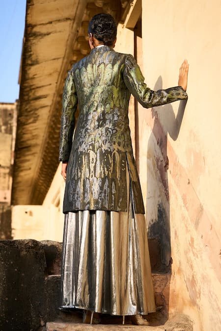 Shop Dash And Dot Multi Color Polyester Mandarin Collar Ombre Pattern Long Jacket With Skirt at Aza Fashions Shop_Dash And Dot_Multi Color Polyester Mandarin Collar Ombre Pattern Long Jacket With Skirt _at_Aza_Fashions