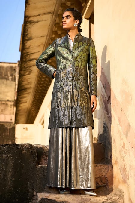 Dash And Dot Multi Color Polyester Mandarin Collar Ombre Pattern Long Jacket With Skirt Online at Aza Fashions Dash And Dot_Multi Color Polyester Mandarin Collar Ombre Pattern Long Jacket With Skirt _Online_at_Aza_Fashions