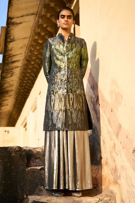 Buy Dash And Dot Multi Color Polyester Mandarin Collar Ombre Pattern Long Jacket With Skirt Online at Aza Fashions Buy_Dash And Dot_Multi Color Polyester Mandarin Collar Ombre Pattern Long Jacket With Skirt _Online_at_Aza_Fashions