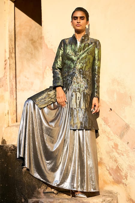 Shop Dash And Dot Multi Color Polyester Mandarin Collar Ombre Pattern Long Jacket With Skirt Online at Aza Fashions Shop_Dash And Dot_Multi Color Polyester Mandarin Collar Ombre Pattern Long Jacket With Skirt _Online_at_Aza_Fashions