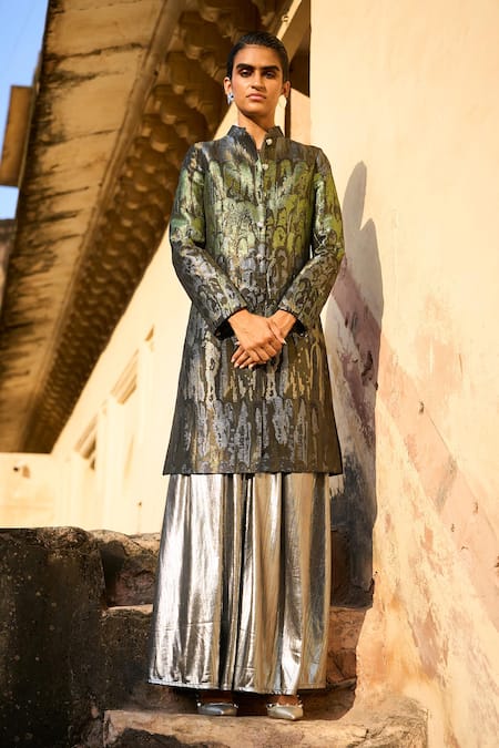 Dash And Dot Multi Color Polyester Mandarin Collar Ombre Pattern Long Jacket With Skirt at Aza Fashions Dash And Dot_Multi Color Polyester Mandarin Collar Ombre Pattern Long Jacket With Skirt _at_Aza_Fashions