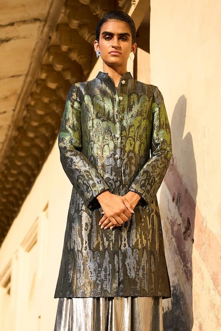 Buy Dash And Dot Multi Color Polyester Mandarin Collar Ombre Pattern Long Jacket With Skirt Buy_Dash And Dot_Multi Color Polyester Mandarin Collar Ombre Pattern Long Jacket With Skirt