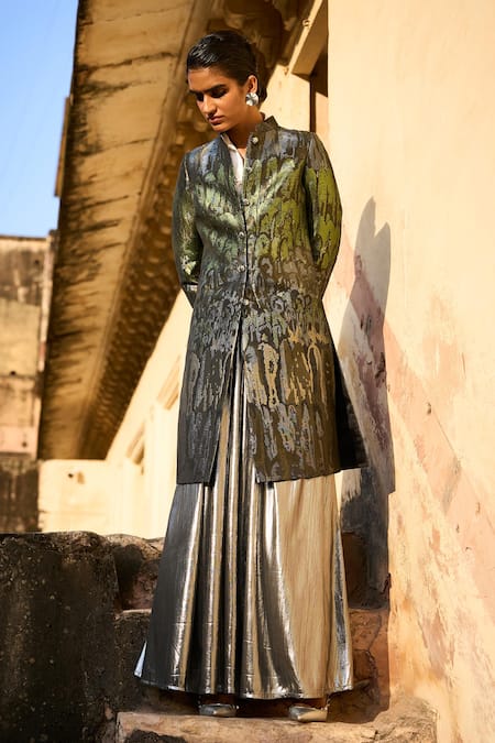 Shop Dash And Dot Multi Color Polyester Mandarin Collar Ombre Pattern Long Jacket With Skirt Shop_Dash And Dot_Multi Color Polyester Mandarin Collar Ombre Pattern Long Jacket With Skirt