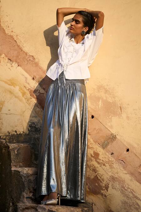 Dash And Dot White Cotton, Polyester Collared Front Tie-up Shirt With Skirt Online at Aza Fashions Dash And Dot_White Cotton, Polyester Collared Front Tie-up Shirt With Skirt _Online_at_Aza_Fashions