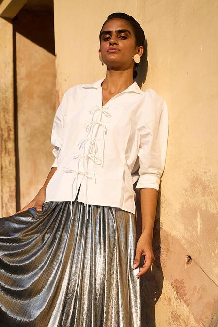 Buy Dash And Dot White Cotton, Polyester Collared Front Tie-up Shirt With Skirt Online at Aza Fashions Buy_Dash And Dot_White Cotton, Polyester Collared Front Tie-up Shirt With Skirt _Online_at_Aza_Fashions