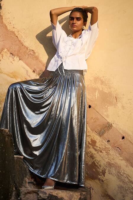 Dash And Dot White Cotton, Polyester Collared Front Tie-up Shirt With Skirt at Aza Fashions Dash And Dot_White Cotton, Polyester Collared Front Tie-up Shirt With Skirt _at_Aza_Fashions