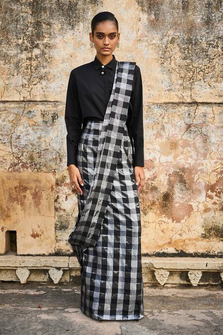 Buy_Dash And Dot_Black Cotton Collared Chequered Pattern Pre-draped Saree With Shirt _Online_at_Aza_Fashions