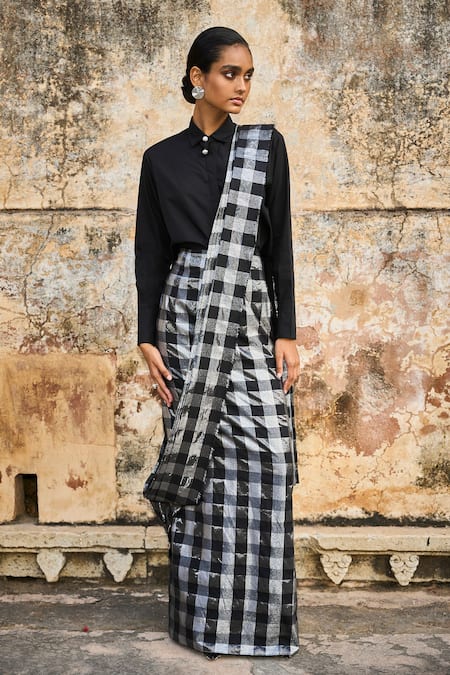 Shop_Dash And Dot_Black Cotton Collared Chequered Pattern Pre-draped Saree With Shirt _Online_at_Aza_Fashions