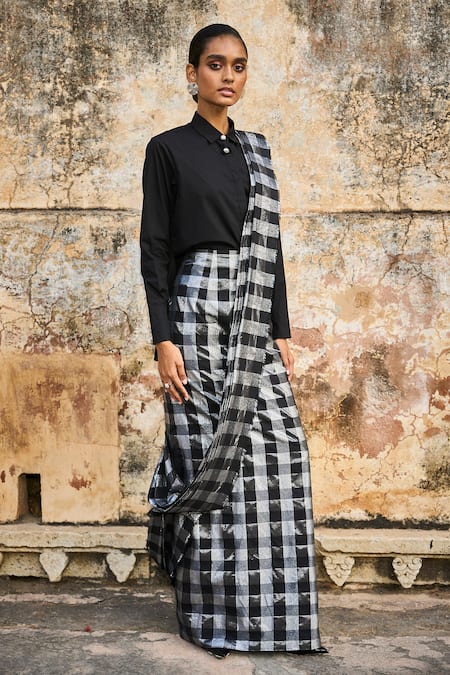 Dash And Dot_Black Cotton Collared Chequered Pattern Pre-draped Saree With Shirt _at_Aza_Fashions