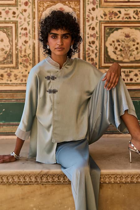 Dash And Dot_Blue Polyester Mandarin Collar Chinese Inspired Top With Wide Legged Pant _Online_at_Aza_Fashions