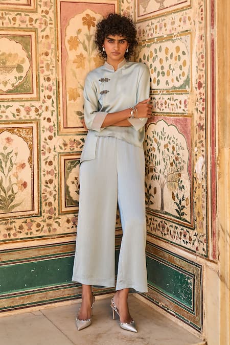 Buy_Dash And Dot_Blue Polyester Mandarin Collar Chinese Inspired Top With Wide Legged Pant _Online_at_Aza_Fashions