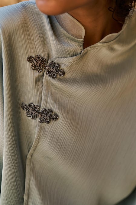 Buy_Dash And Dot_Blue Polyester Mandarin Collar Chinese Inspired Top With Wide Legged Pant 