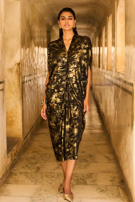 Shop_Dash And Dot_Black Polyester, Lycra Foil Printing V-neck Cowl Kaftan _at_Aza_Fashions