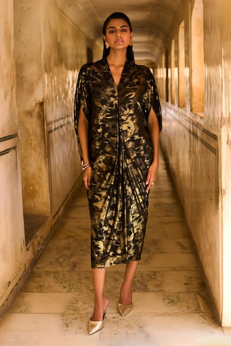 Dash And Dot_Black Polyester, Lycra Foil Printing V-neck Cowl Kaftan _Online_at_Aza_Fashions