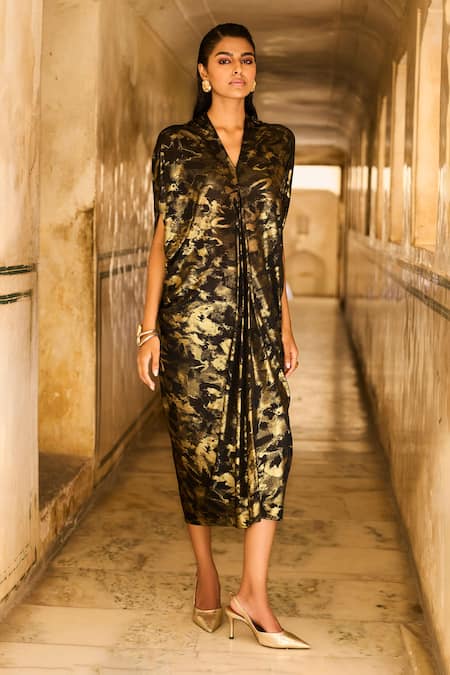 Shop_Dash And Dot_Black Polyester, Lycra Foil Printing V-neck Cowl Kaftan 