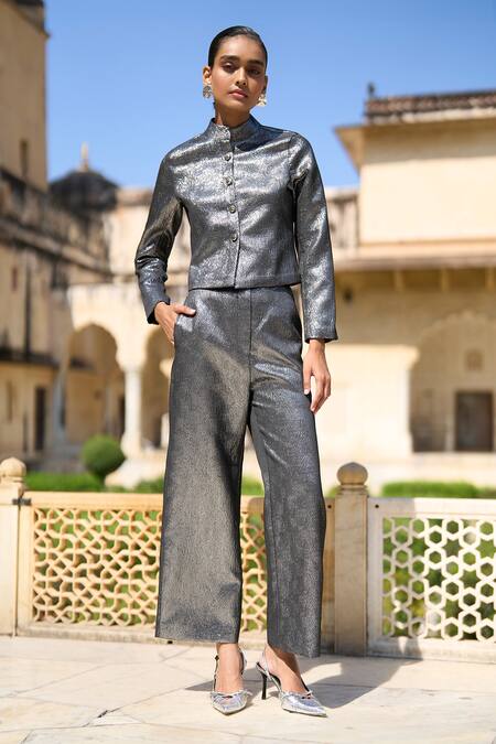 Dash And Dot_Grey 100% Polyester Plain Textured Metallic Straight Pant _Online_at_Aza_Fashions