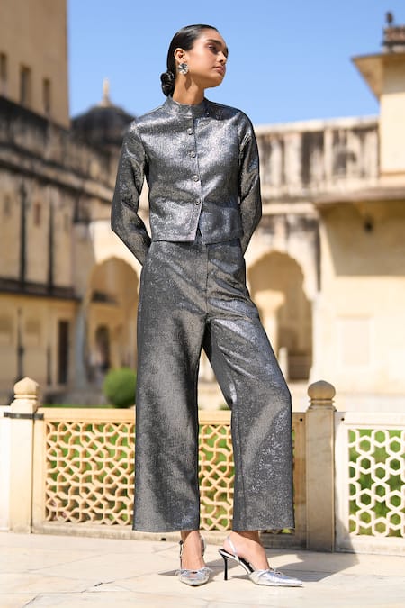 Buy_Dash And Dot_Grey 100% Polyester Plain Textured Metallic Straight Pant _Online_at_Aza_Fashions
