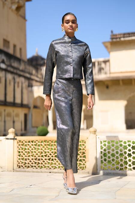 Shop_Dash And Dot_Grey 100% Polyester Plain Textured Metallic Straight Pant _Online_at_Aza_Fashions