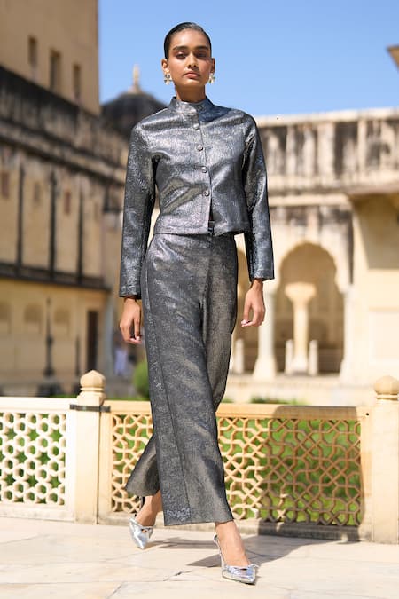 Dash And Dot_Grey 100% Polyester Plain Textured Metallic Straight Pant _at_Aza_Fashions