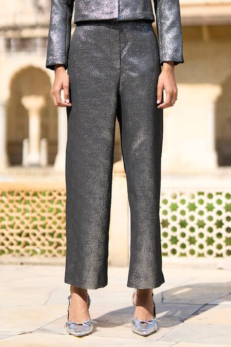 Buy_Dash And Dot_Grey 100% Polyester Plain Textured Metallic Straight Pant 