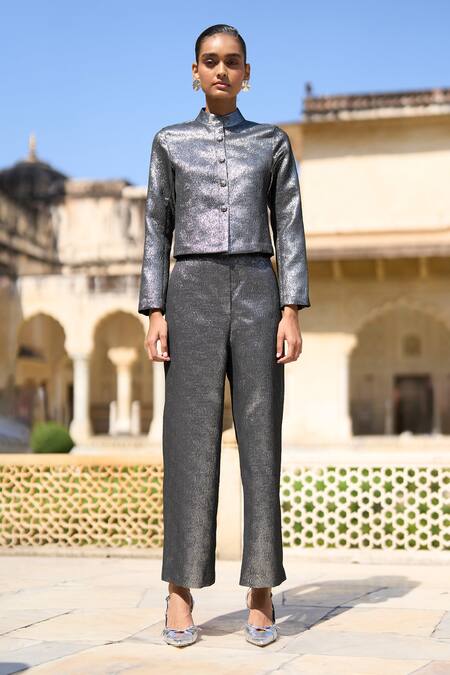 Shop_Dash And Dot_Grey 100% Polyester Plain Textured Metallic Straight Pant 